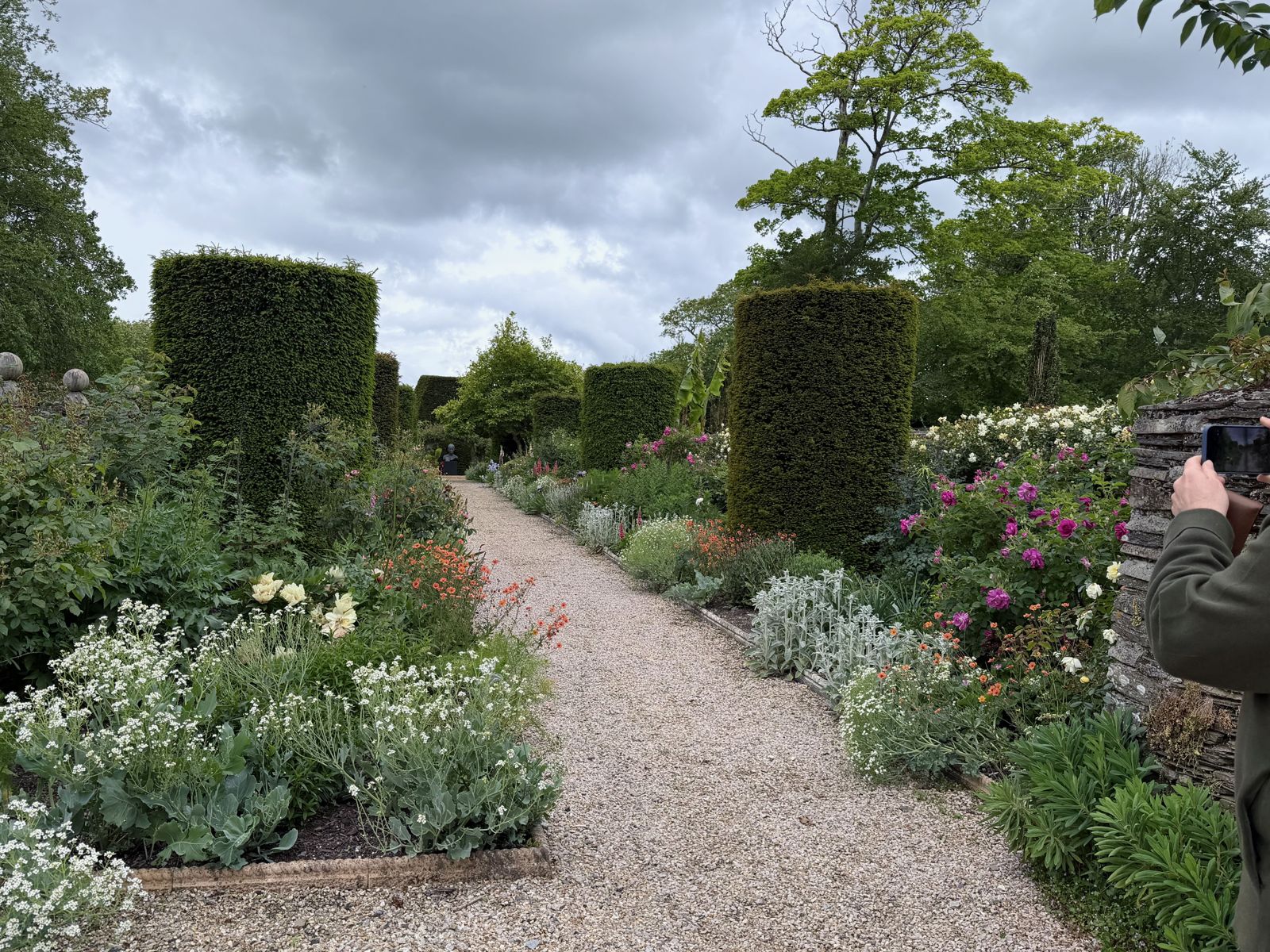 A gravel walk between deep borders and clipped yew